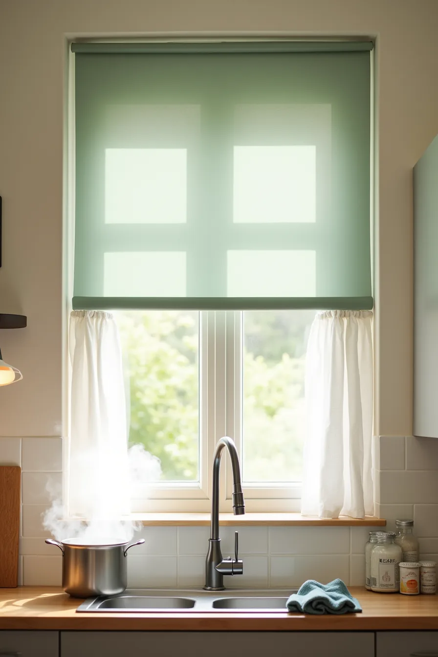 Fully raised sage green roller shade above a kitchen counter with a steaming pot and cooking activity.