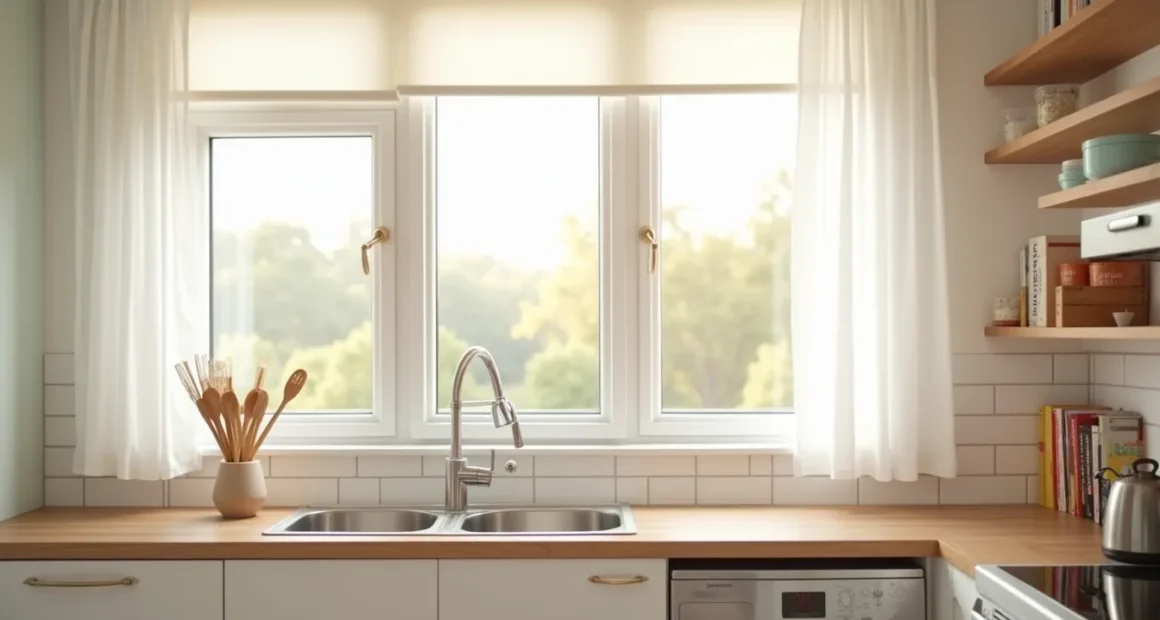 Kitchen window above sink showing three different treatment styles on adjacent panes with morning light illuminating the