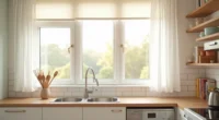 Kitchen window above sink showing three different treatment styles on adjacent panes with morning light illuminating the
