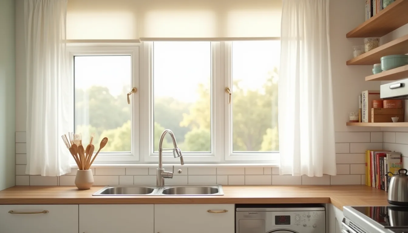 Kitchen window above sink showing three different treatment styles on adjacent panes with morning light illuminating the