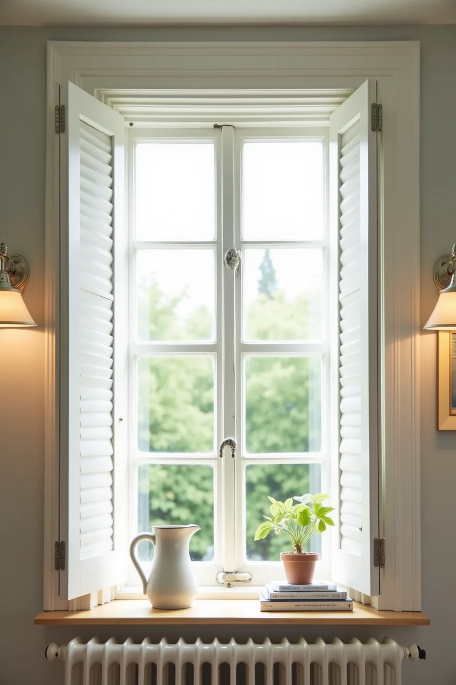 Half-open white plantation shutters frame a kitchen window with a ceramic pitcher and potted plant on the sill.