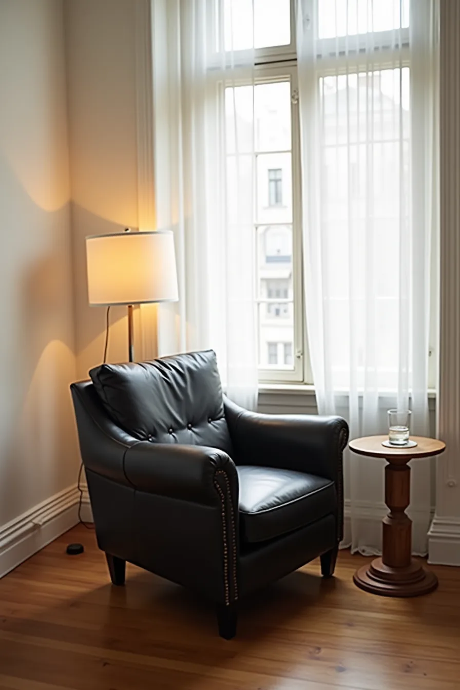 Black leather armchair positioned by a window with natural light, a side table, and water glass.