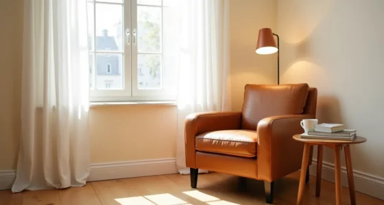 Caramel leather armchair in a sunlit corner nook with a wooden side table and ceramic mug nearby.