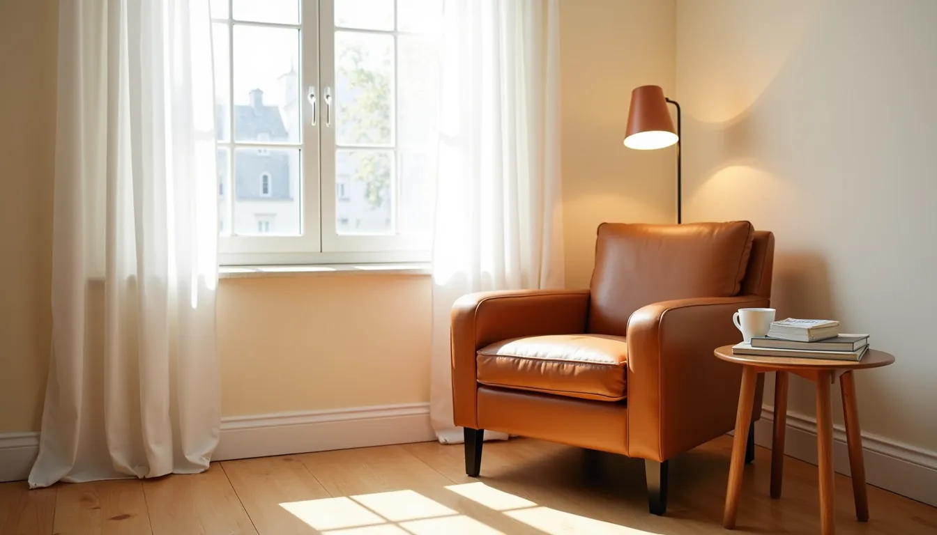 Caramel leather armchair in a sunlit corner nook with a wooden side table and ceramic mug nearby.