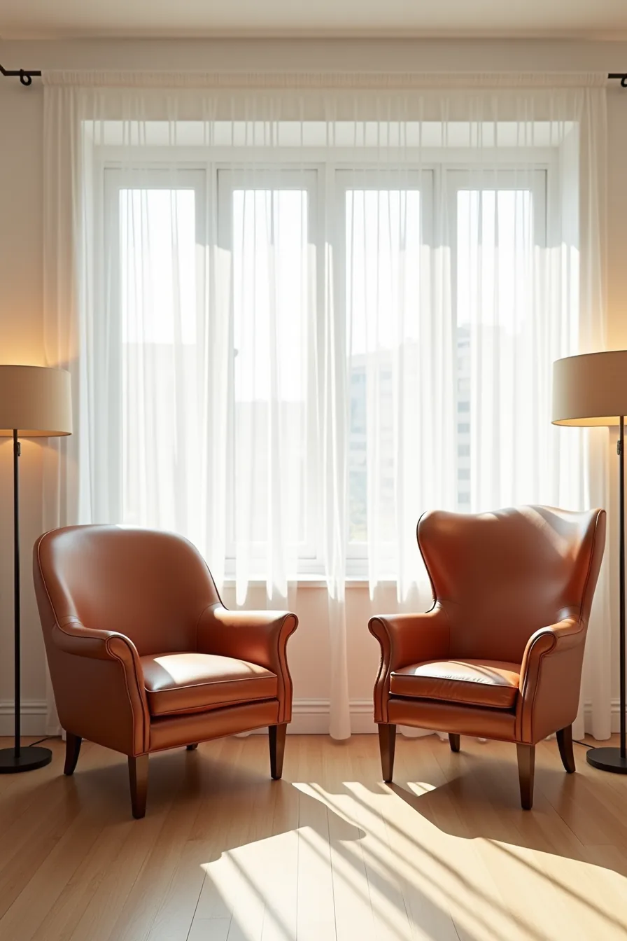 Modern low-profile and classic wingback cognac leather chairs displayed side-by-side for comparison.