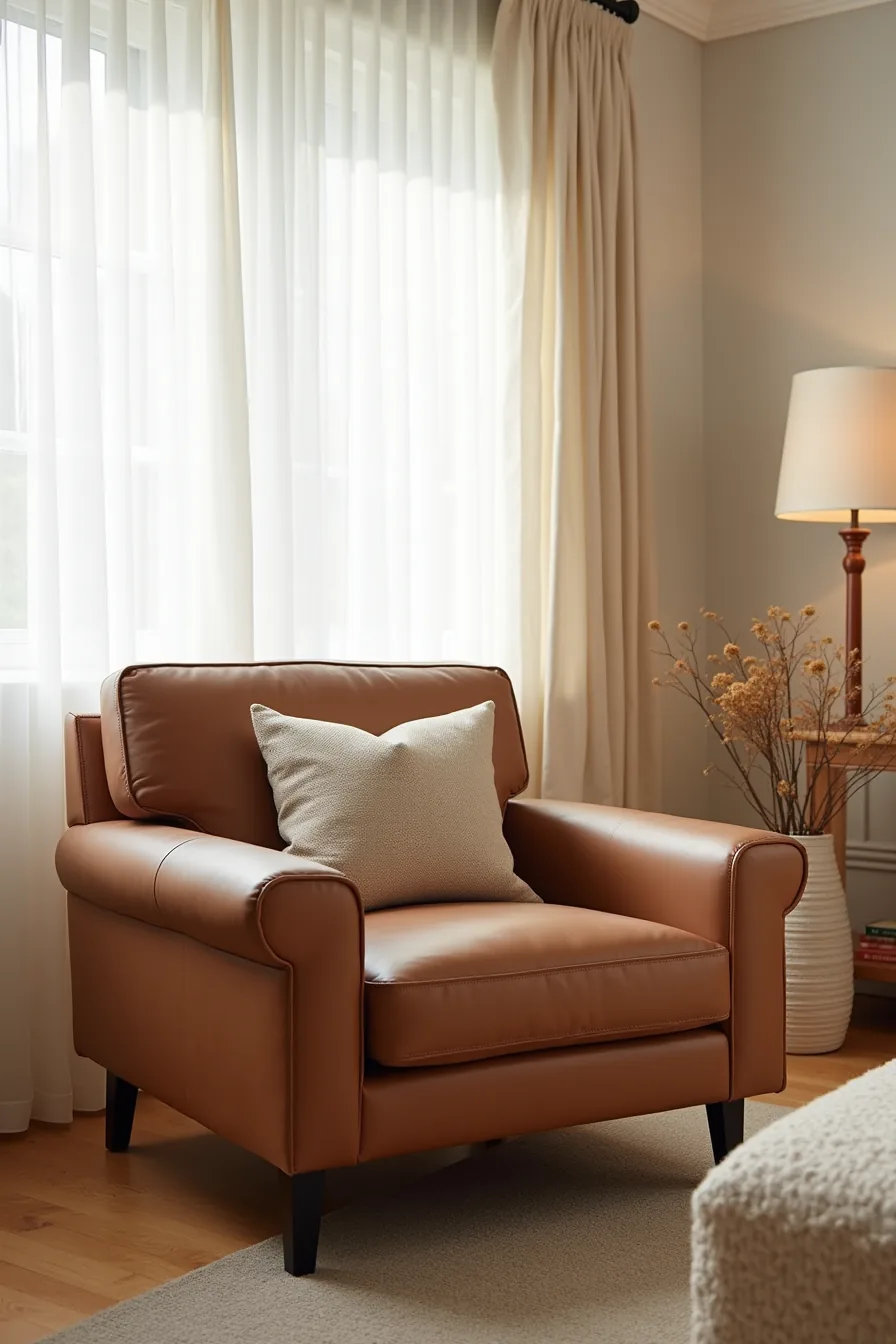 Faux leather armchair with a throw pillow, showing visible stitching and seams in a casual setting.