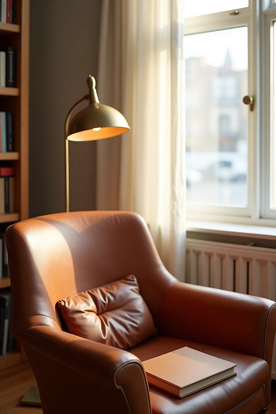 Deep cognac full-grain leather chair in a library with a brass lamp, leather book, and visible patina.