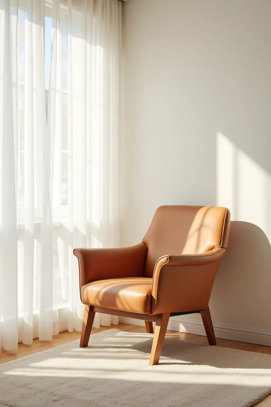 Portable leather armchair with wooden frame legs on a light area rug in a blank apartment space.