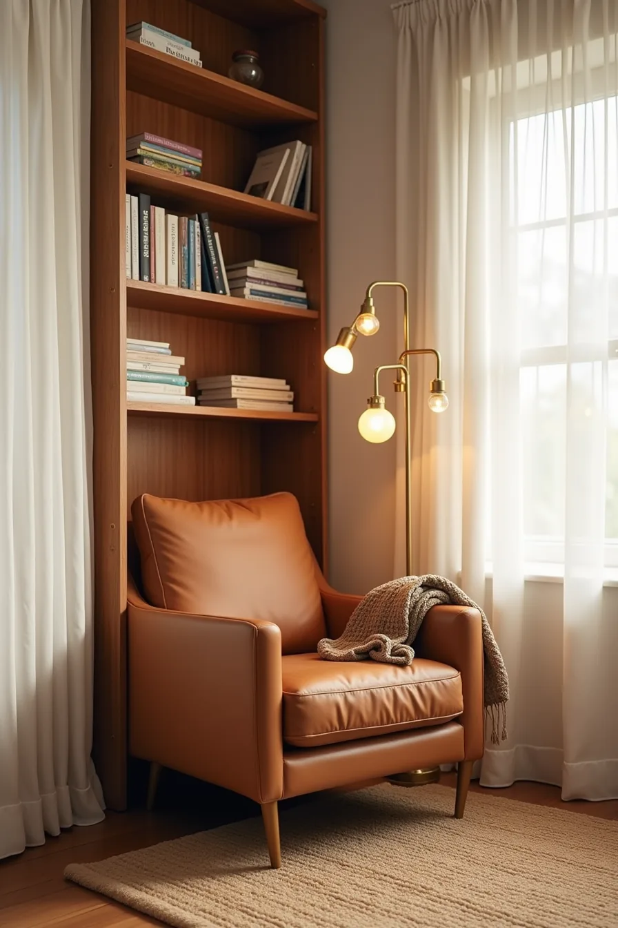 Caramel armchair in a reading alcove next to a bookshelf, with a throw blanket and warm rug.