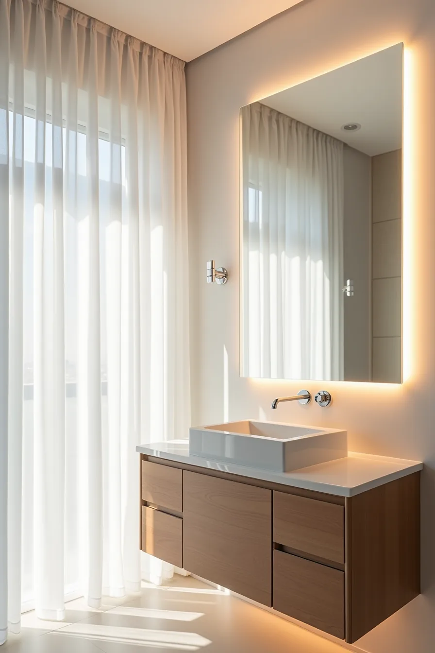 Frameless backlit mirror with seamless wall integration and even glow above chrome fixtures on vanity.