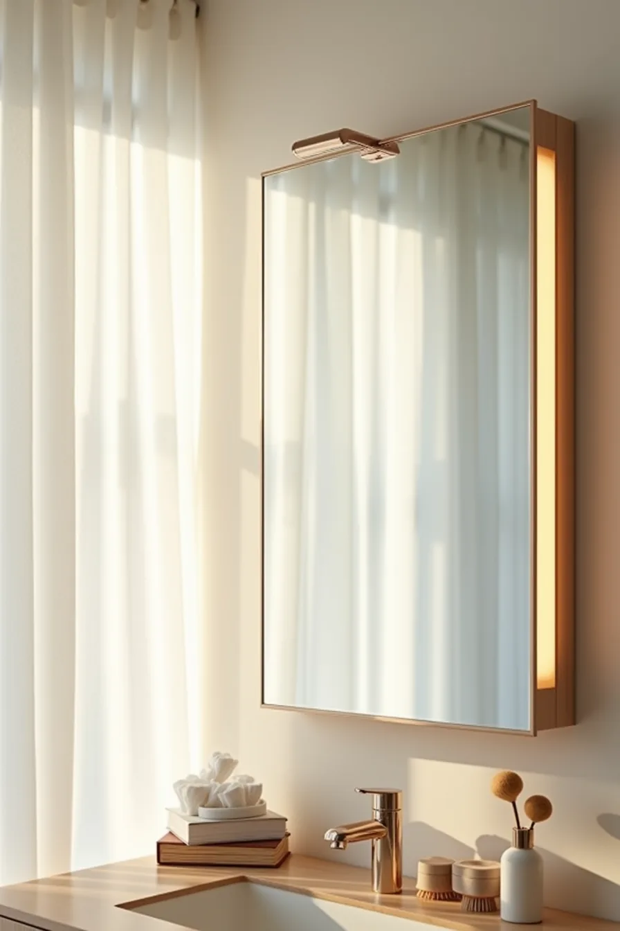 Rectangular LED mirror at optimal height with grooming tools on vanity and shadow-free reflection area.