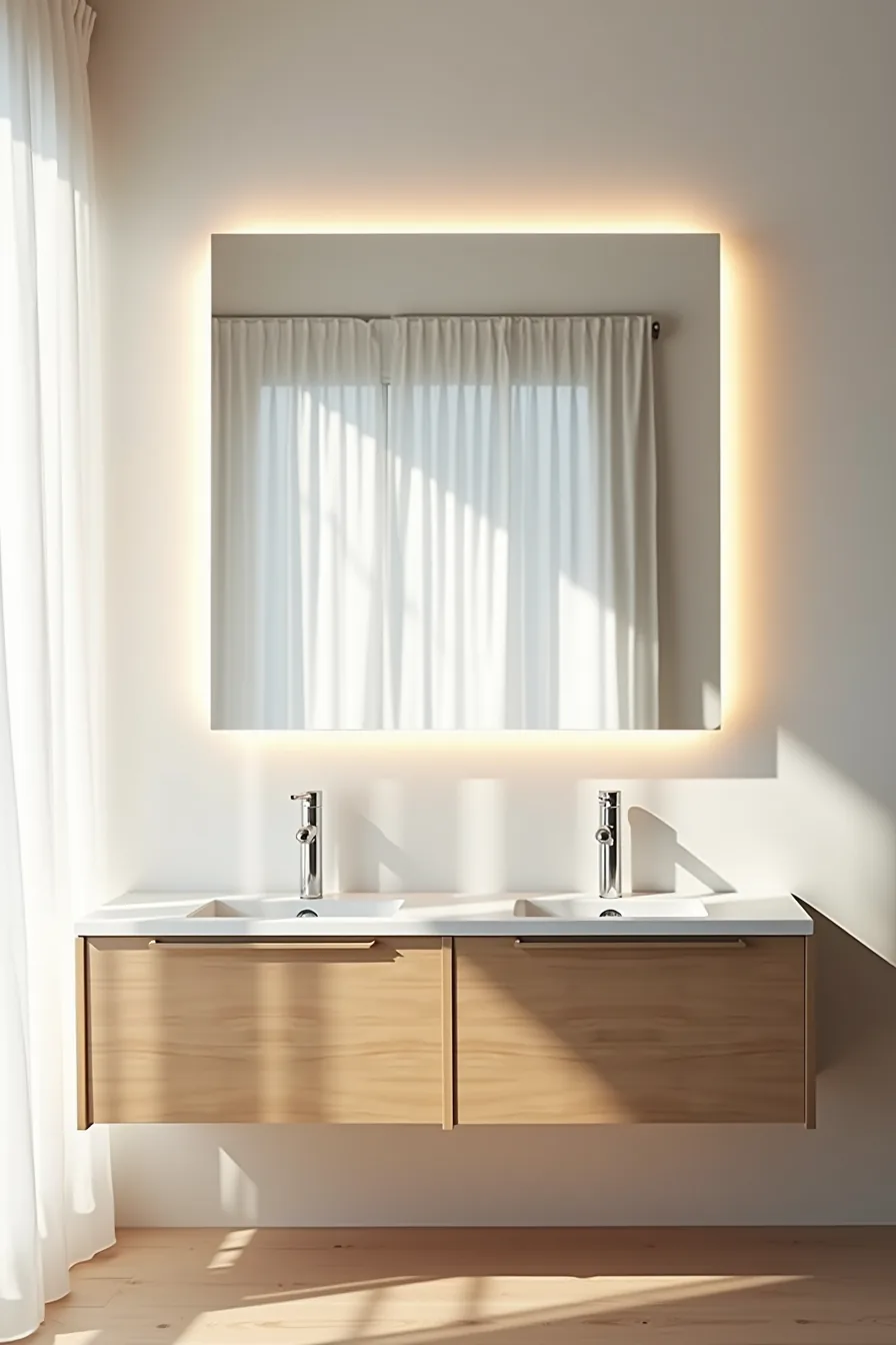 Large rectangular LED mirror with warm backlit glow above double-sink vanity with integrated cabinetry.