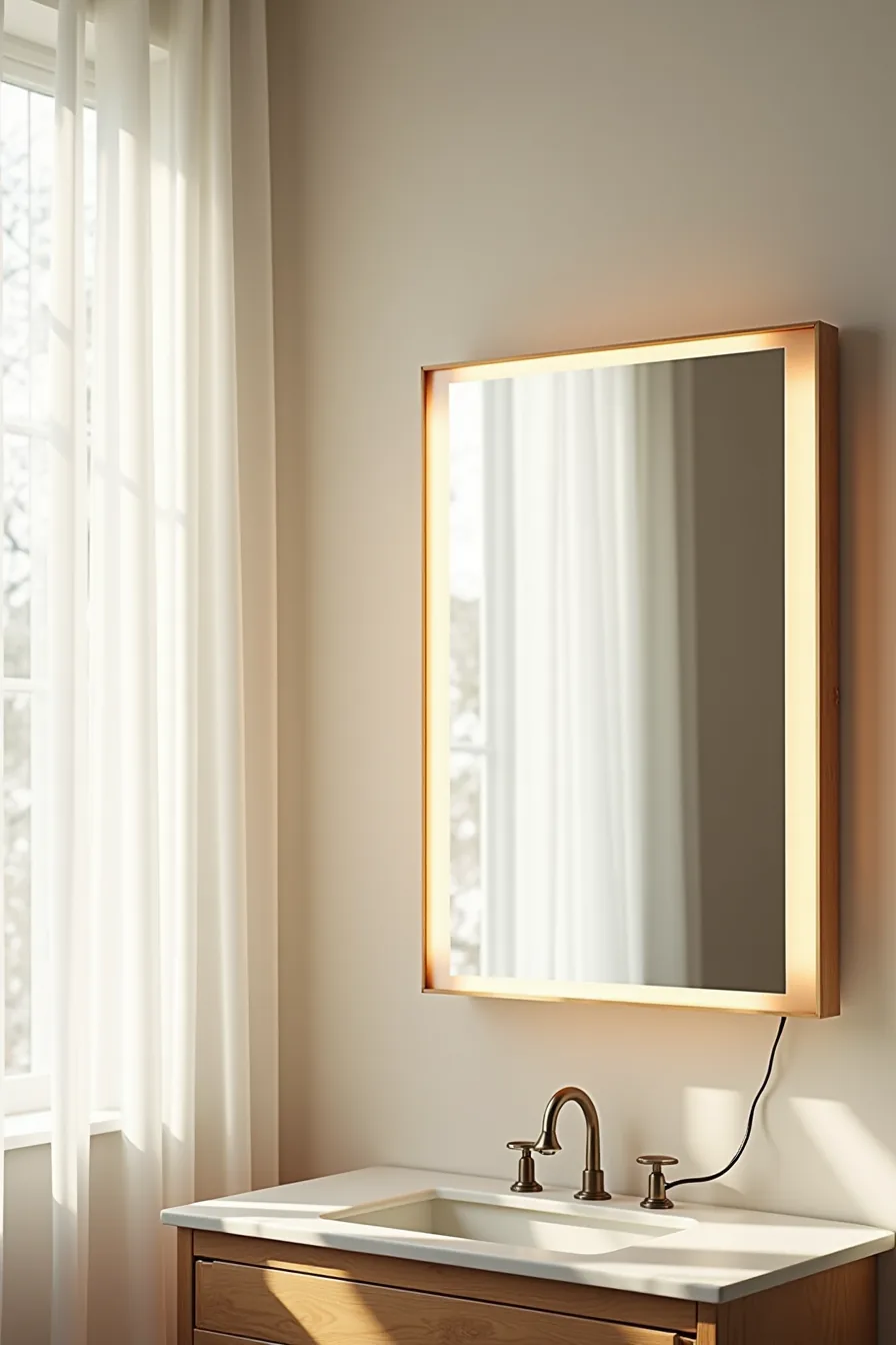 Vintage framed mirror retrofitted with adhesive LED strip lights along top and sides with visible power cord.
