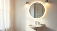 Round LED mirror with warm glow mounted above a white pedestal sink with toothbrush holder.
