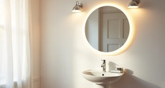 Round LED mirror with warm glow mounted above a white pedestal sink with toothbrush holder.