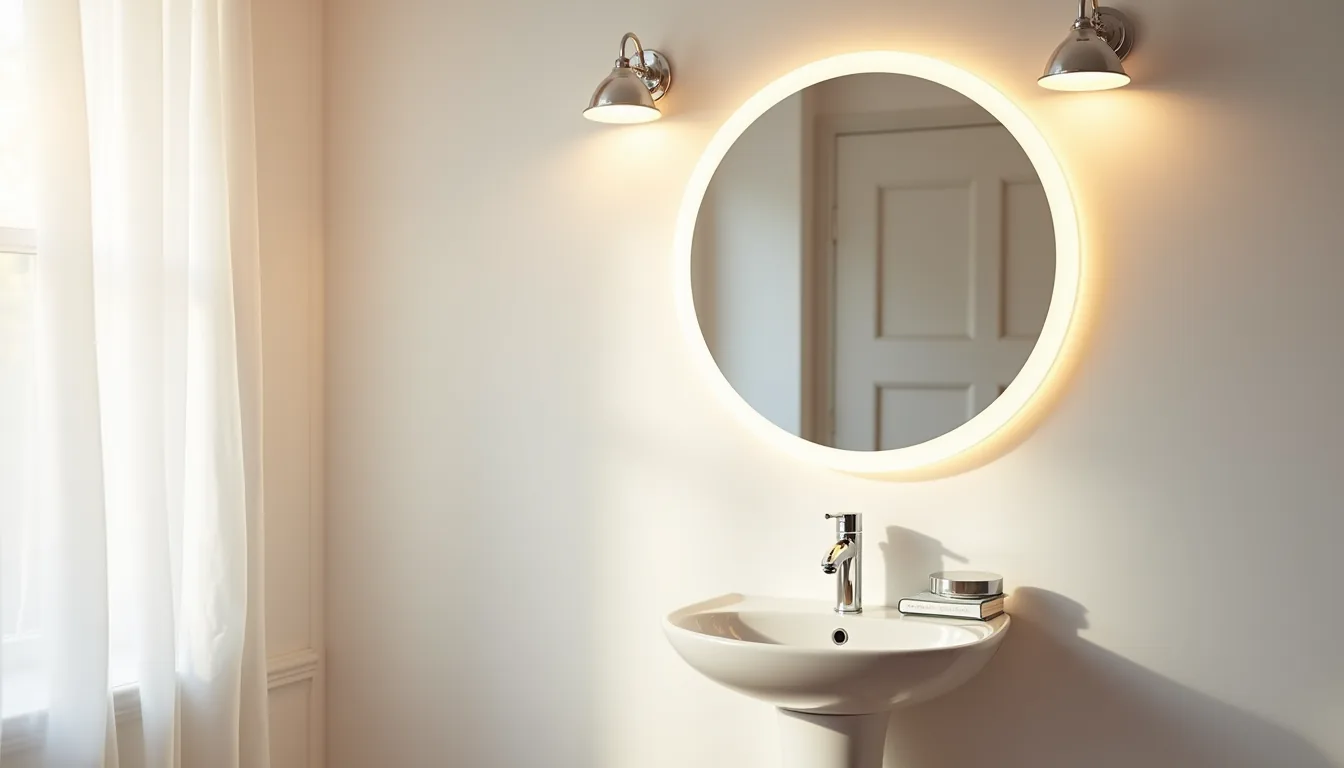 Round LED mirror with warm glow mounted above a white pedestal sink with toothbrush holder.