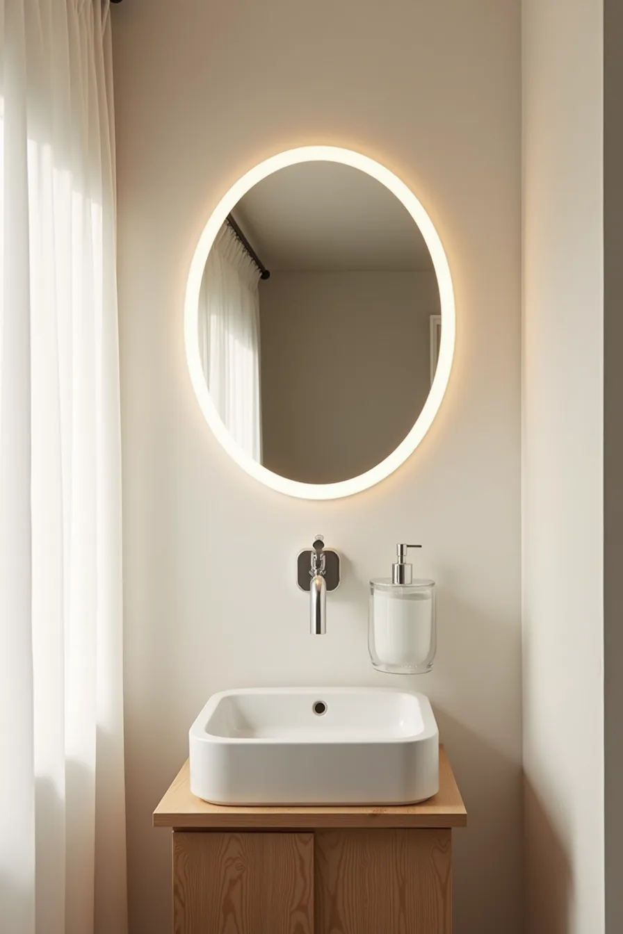 Overhead view of round LED mirror with cool-white edge lighting above narrow vanity in small powder room.