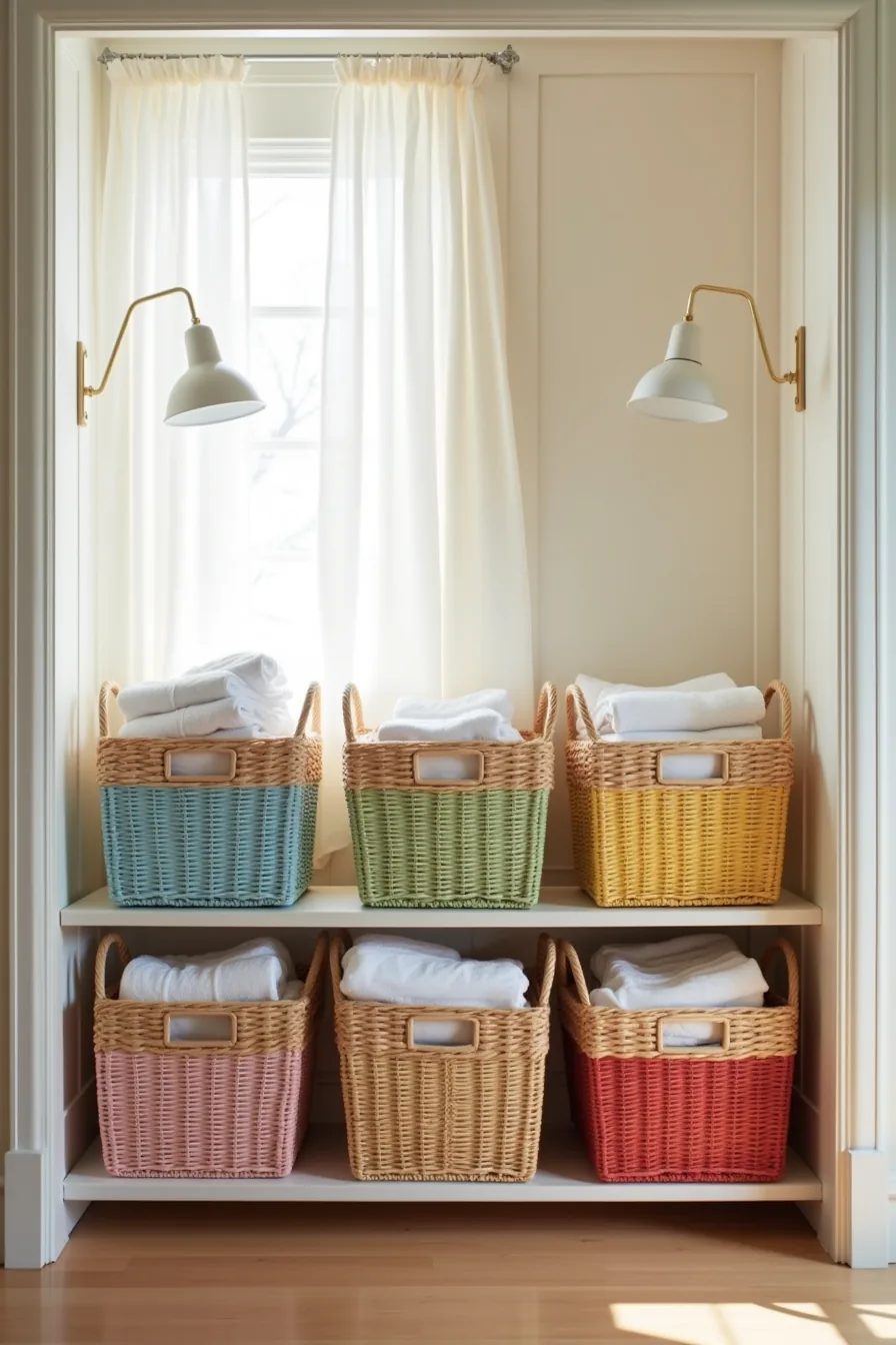 Five wicker baskets with blue, green, yellow, pink, and red labels holding organized sheets, towels, washcloths