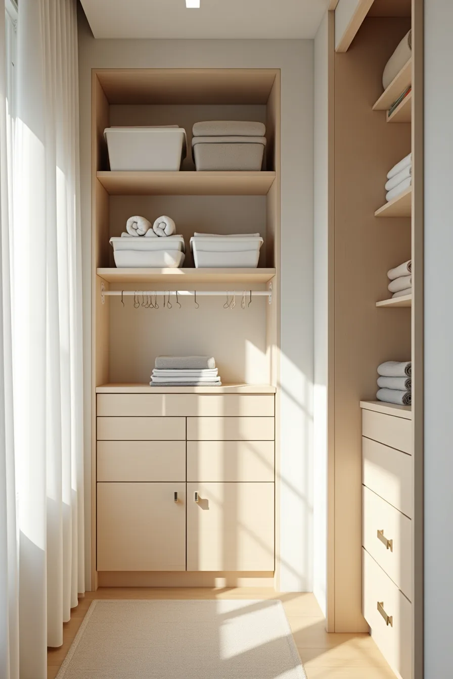 Three storage solutions shown together: plastic bins, tension rods with hooks holding rolled towels, and built-in cabinetry