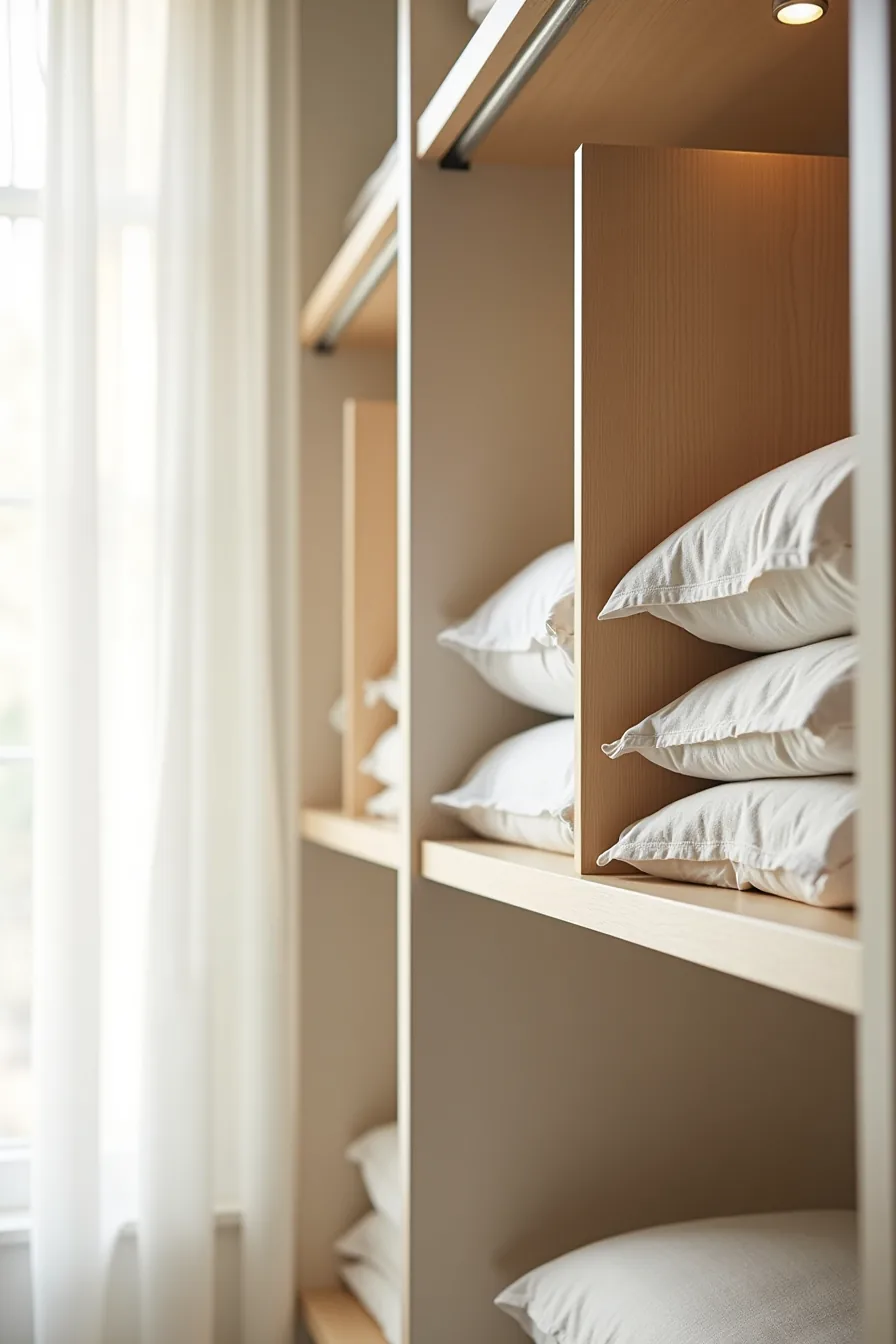 Wooden shelf divider separates a stack of patterned pillowcases from solid-colored fitted sheets on a closet shelf.