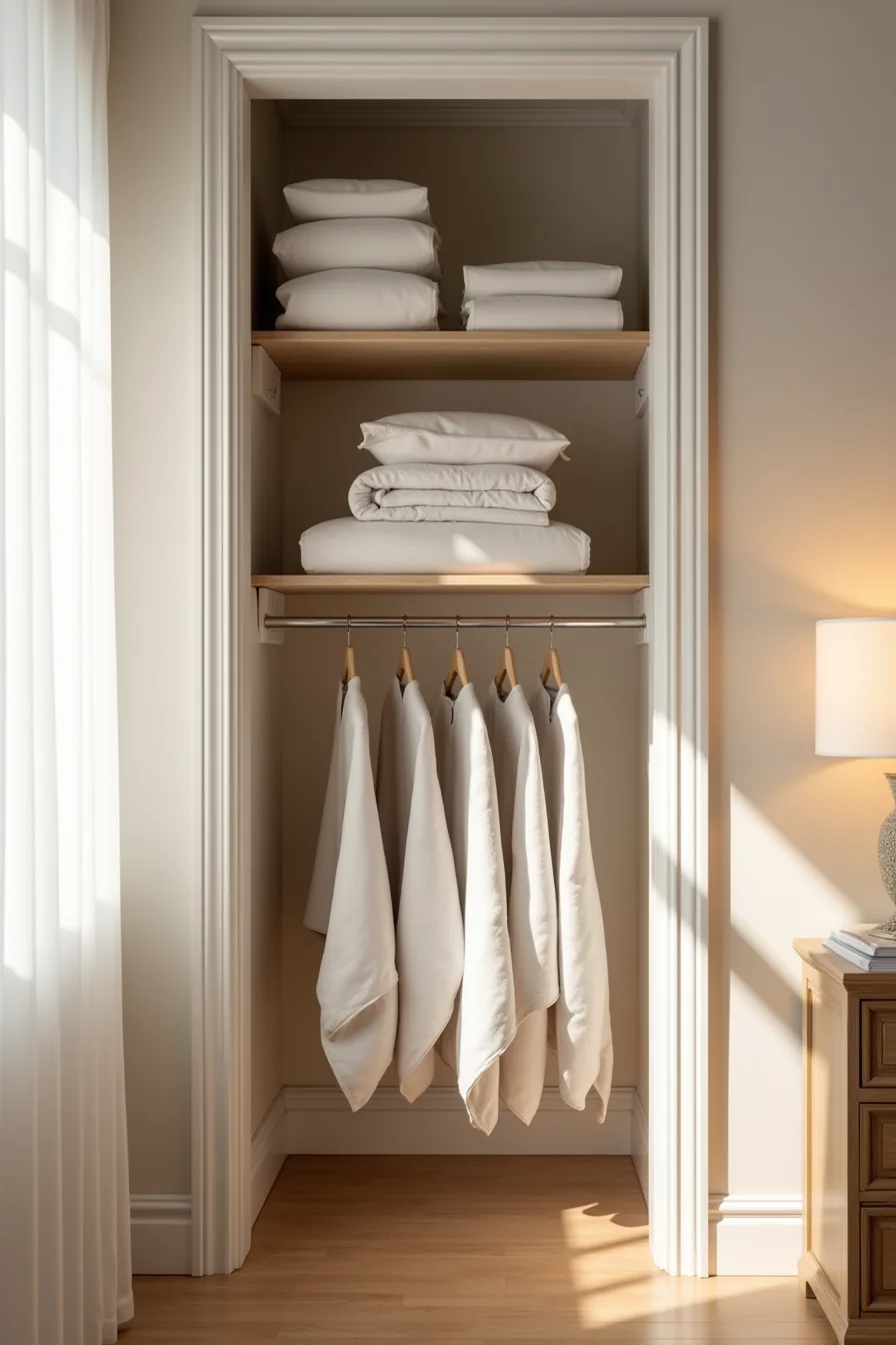 Tall closet with tiered shelving holding folded linens above and a hanging rod with padded hangers displaying quilts below.