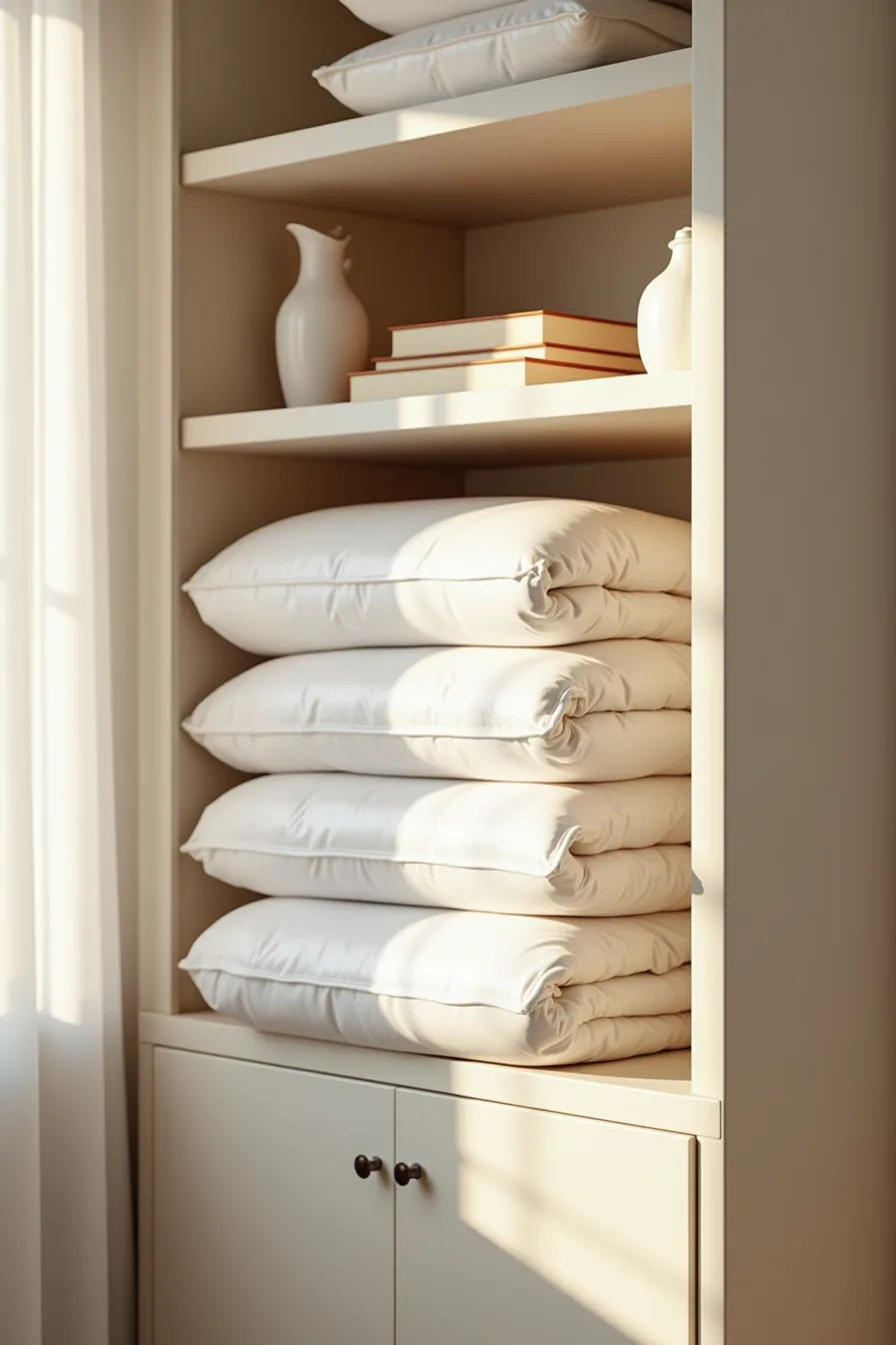 Four stacked vacuum-sealed bags containing compressed quilts and comforters on a closet shelf, one partially open.