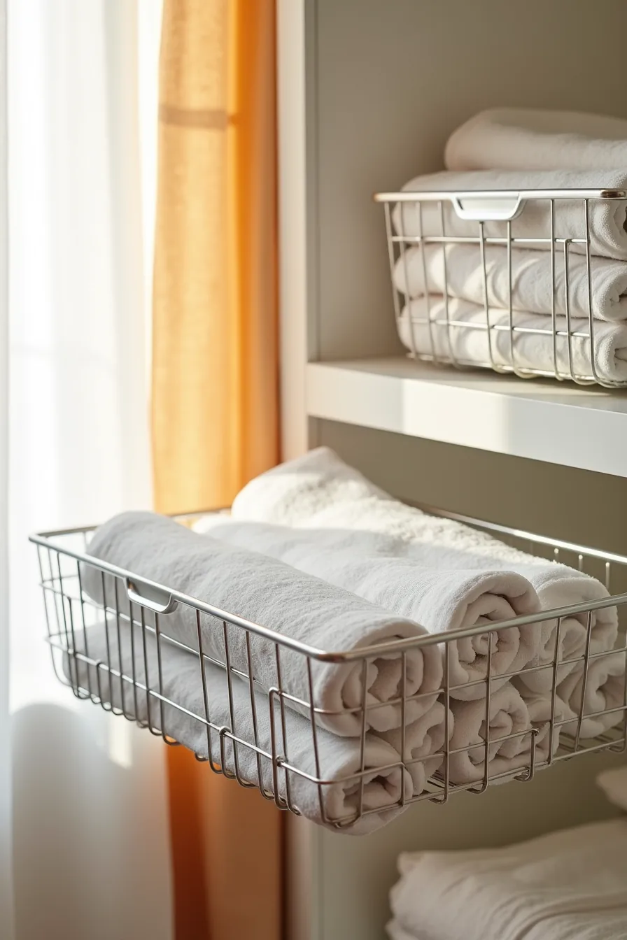 Three wire pull-out baskets containing rolled hand towels, washcloths, and bath mats on a closet shelf.
