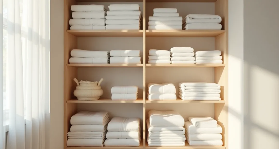 Open closet with four shelves of neatly folded white sheets, cream towels, and blankets separated by wooden dividers.