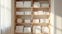 Open closet with four shelves of neatly folded white sheets, cream towels, and blankets separated by wooden dividers.