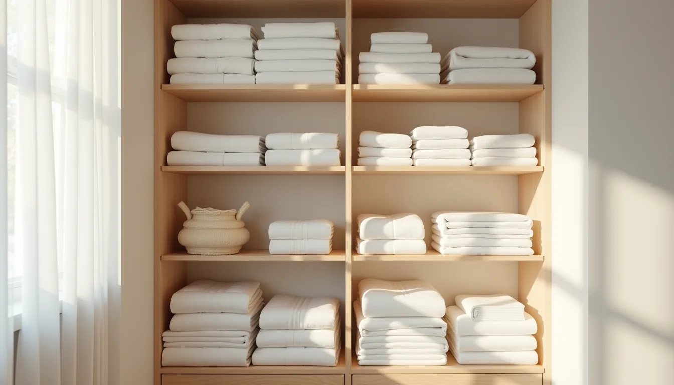 Open closet with four shelves of neatly folded white sheets, cream towels, and blankets separated by wooden dividers.