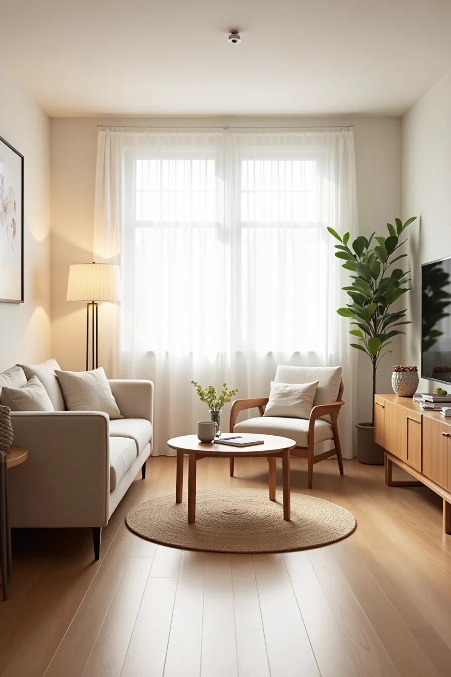 Compact combo with loveseat and accent chairs on one side, small round dining table on opposite corner, console table at