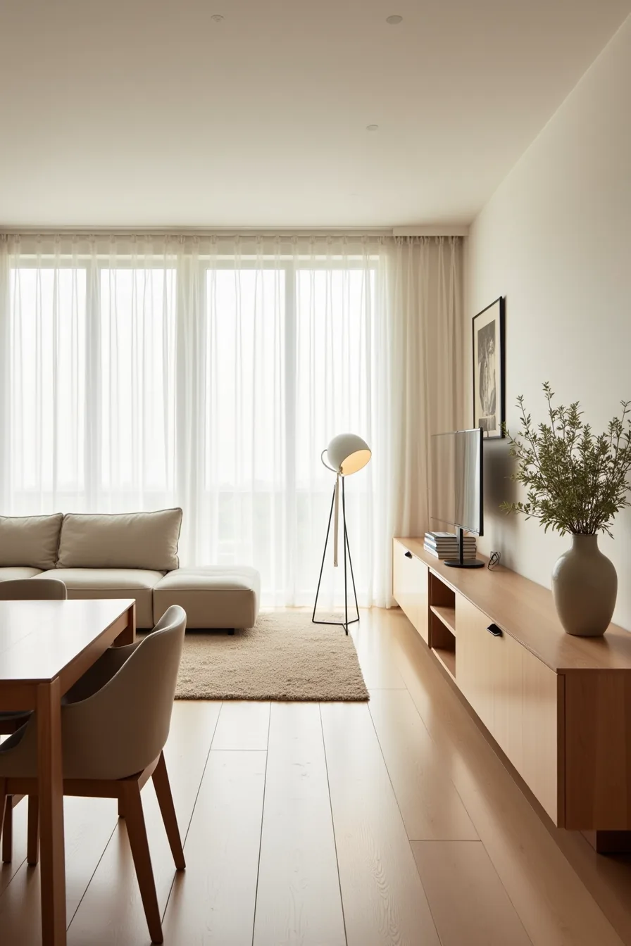 Side view of a low credenza with open shelving positioned between a sofa and dining table, creating functional zone division.