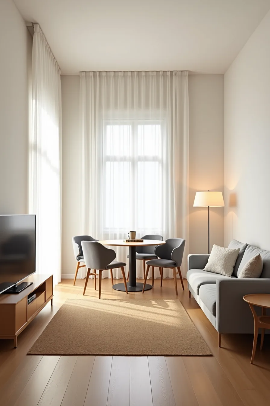 Corner view of a gray sofa with media console on jute rug, separated from a round dining table by a tall floor lamp.