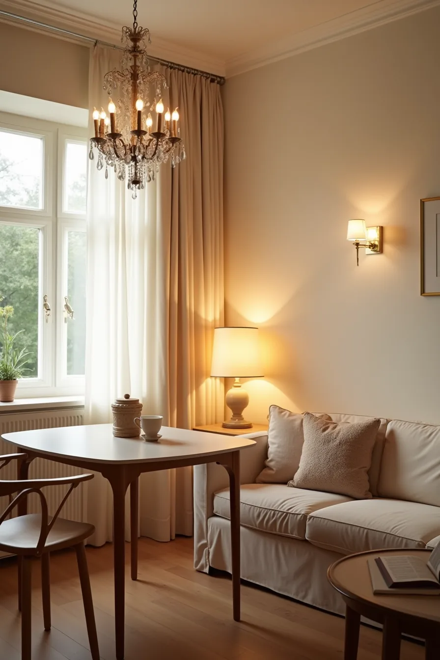 Evening scene with chandelier over dining table and table lamp beside sofa, separated by distinct pools of warm light.