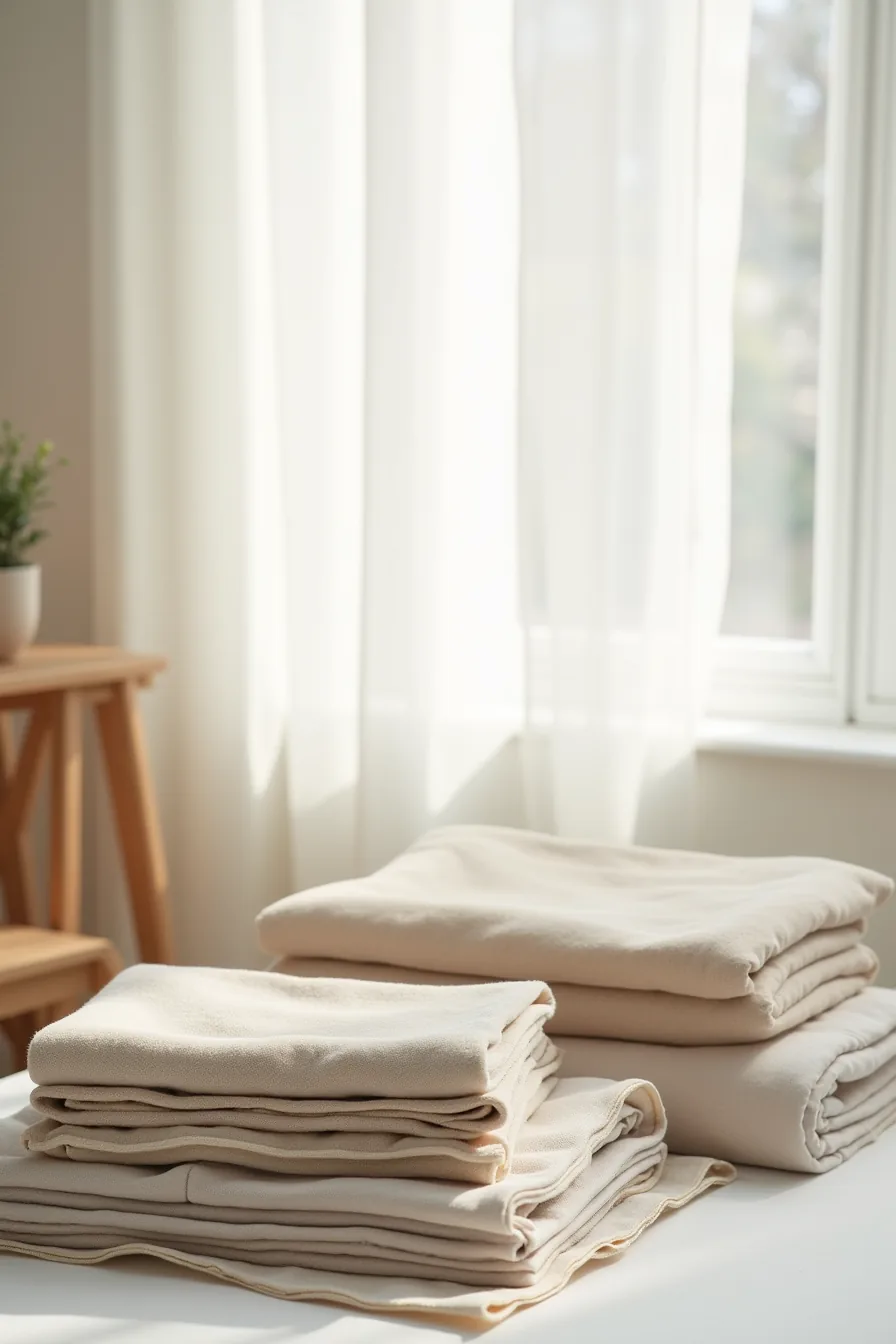Three material samples displayed: cotton throw blanket, peel wallpaper, and linen fabric swatch showing different textures