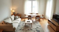 Overhead view showing a sectional sofa and dining table on a geometric rug in an open-plan space with natural light.