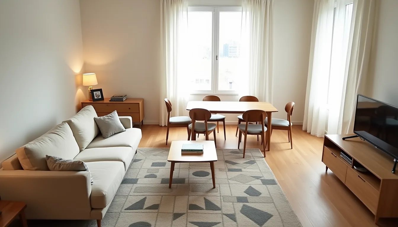 Overhead view showing a sectional sofa and dining table on a geometric rug in an open-plan space with natural light.