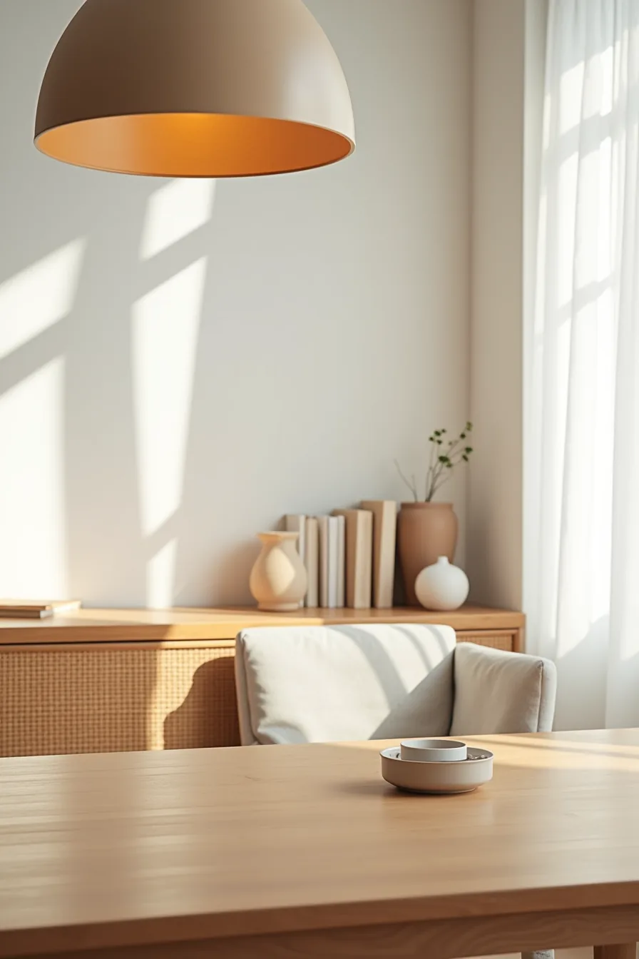 Warm wood dining table and linen sofa separated by a woven sideboard, unified by a pendant light overhead.