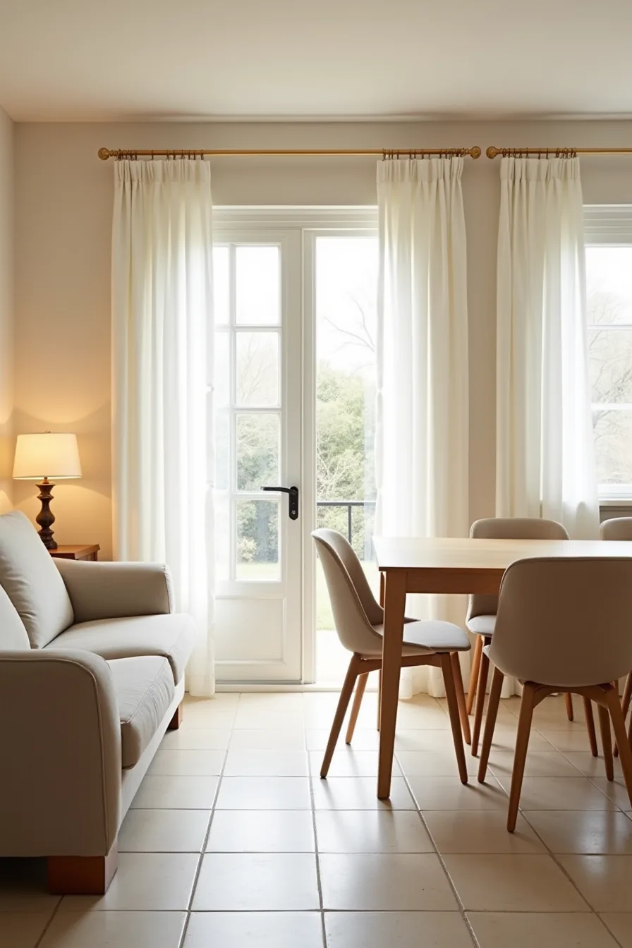 Angled sofa near a glass entry door with a dining table positioned on the opposite side on tile flooring.