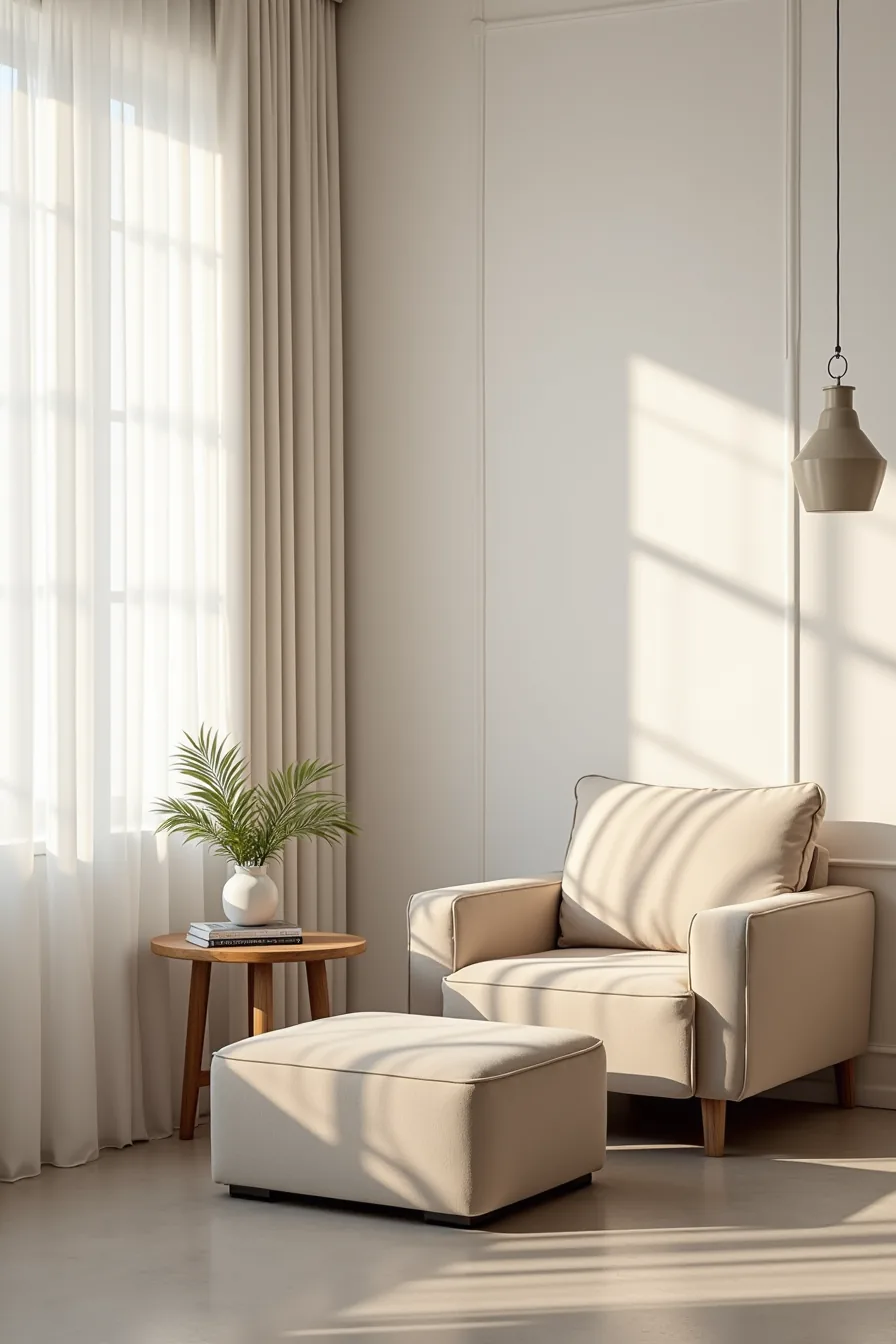 Corner arrangement with an upholstered armchair and ottoman on one side and a dining table with four chairs on the