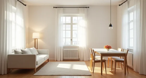 Overhead layout showing a sectional sofa on the left and dining table on the right, separated by a console table on hardwood