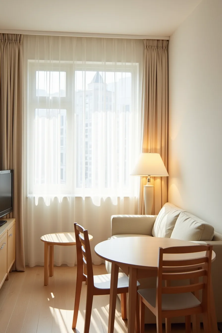 Compact studio layout with a loveseat in one corner and a round dining table with two chairs positioned diagonally across.
