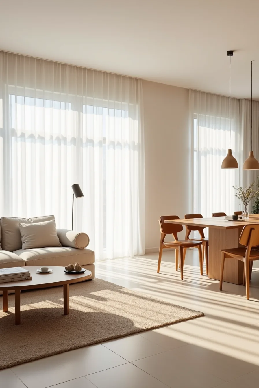 Spacious open plan with a sectional and coffee table on the left and a formal dining table with six chairs on the right.