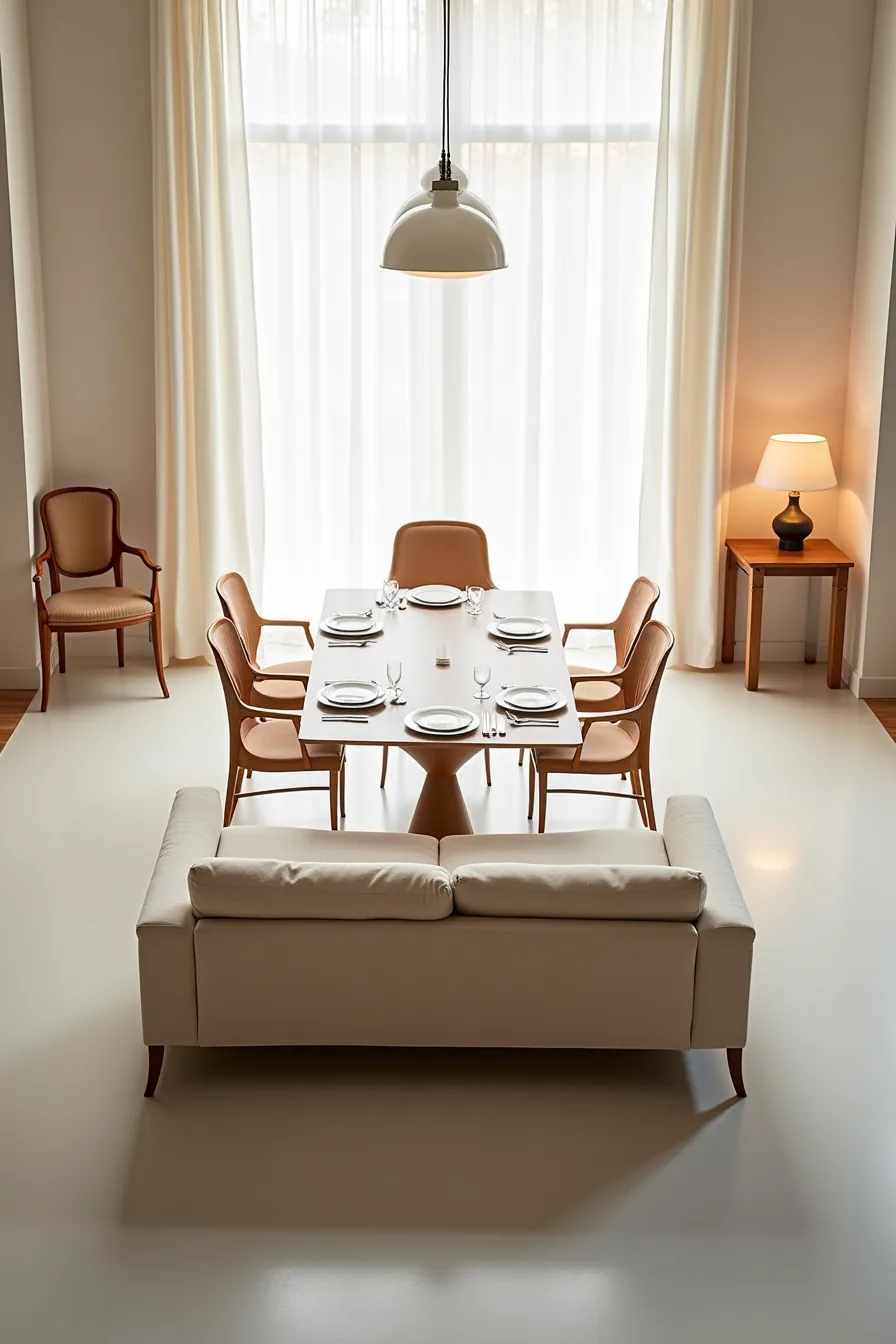 Central sofa with a dining table positioned directly behind it, both on polished concrete with pendant lights overhead.