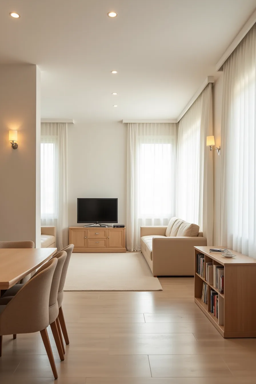 Two furniture zones along opposite walls with a sofa facing a TV and a dining table with six chairs in clear floor space.