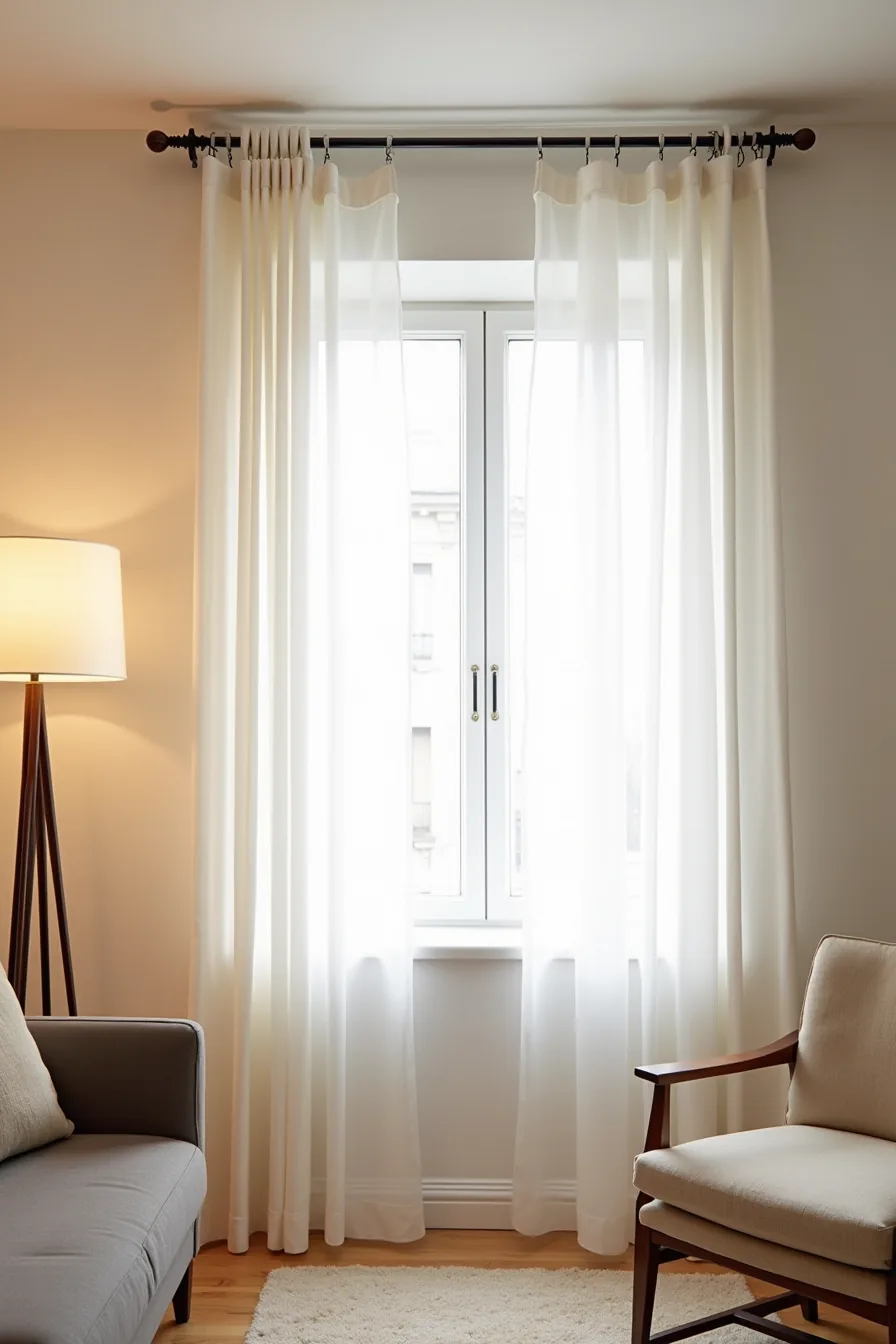 Semi-transparent linen curtain hung from ceiling-mounted rod, partially dividing living room with diffused light filtering