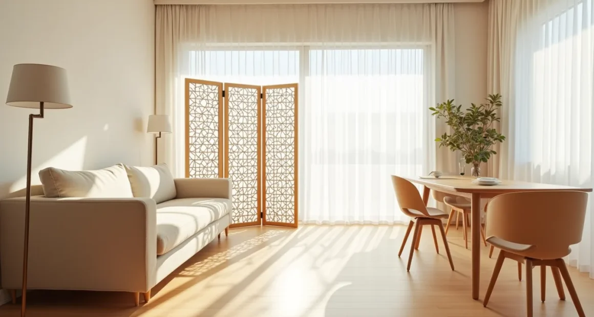 Three-panel folding screen with geometric lattice pattern casting shadows between a sofa and dining table in sunlit modern