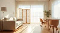 Three-panel folding screen with geometric lattice pattern casting shadows between a sofa and dining table in sunlit modern