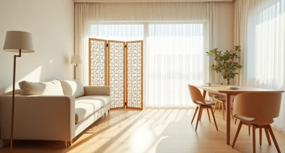Three-panel folding screen with geometric lattice pattern casting shadows between a sofa and dining table in sunlit modern