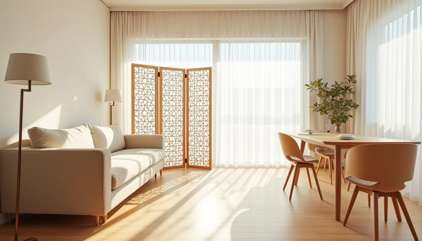 Three-panel folding screen with geometric lattice pattern casting shadows between a sofa and dining table in sunlit modern